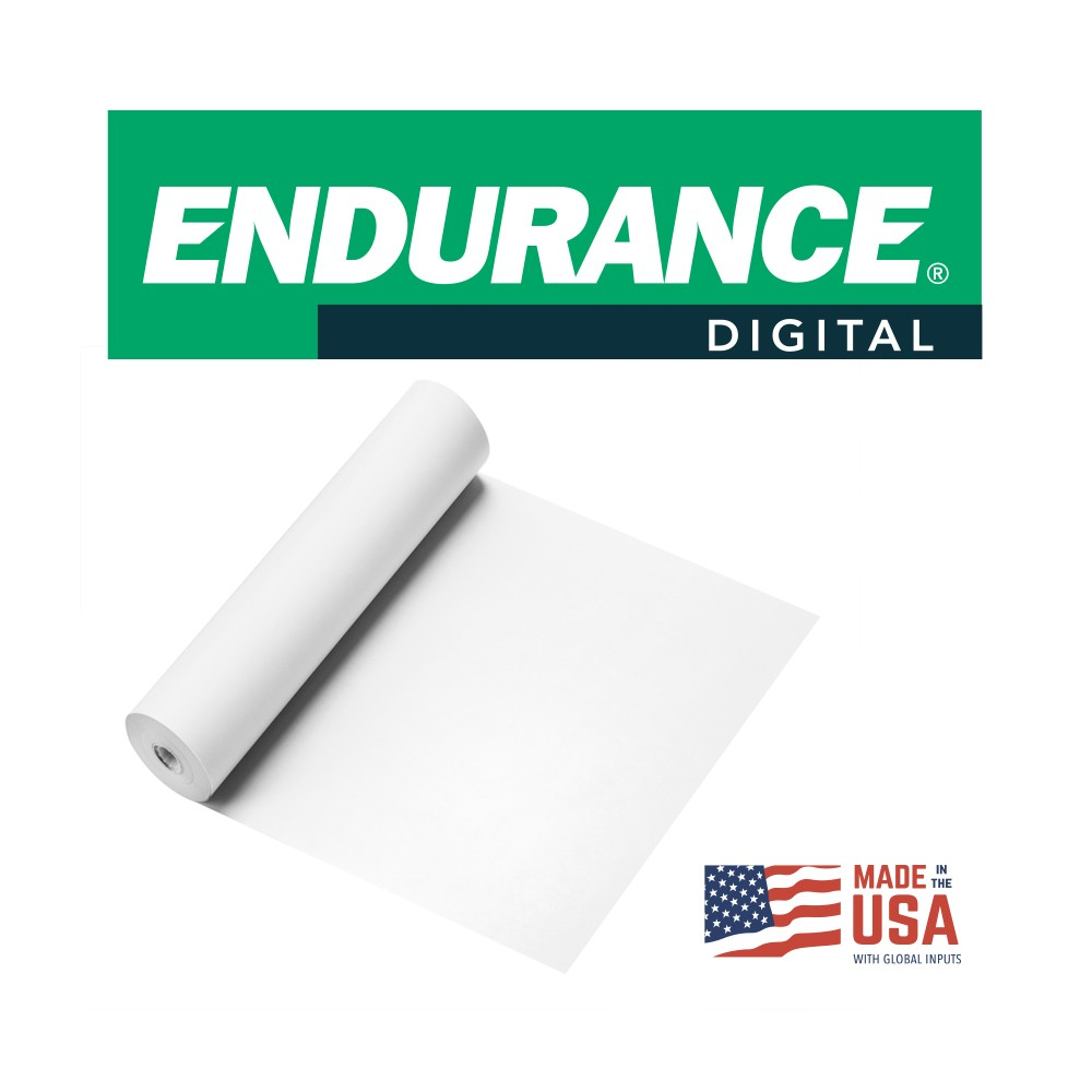 A roll of white paper displayed next to a Made in the USA label and a green digital branding banner. 20 50/3 100# WHITE ENDURANCE DIGITAL GLOSS TEXT RL V05822